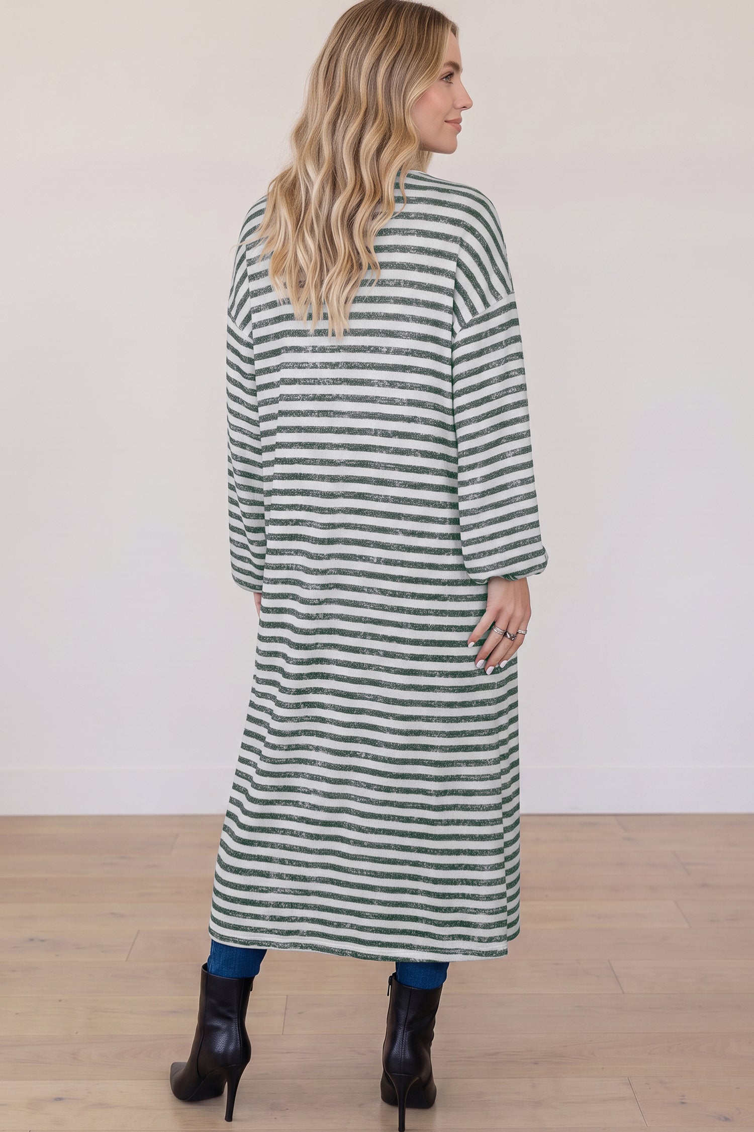 Long Puff Sleeve Open Front Oversized Long Cardigan – Khaki Stripe