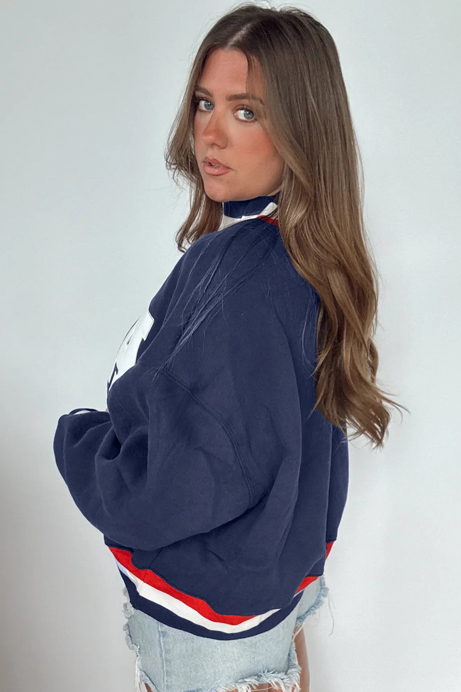 USA Slogan Patch Embroidery Colorblock High Neck Long Sleeve Sweatshirt – Dirty Blue