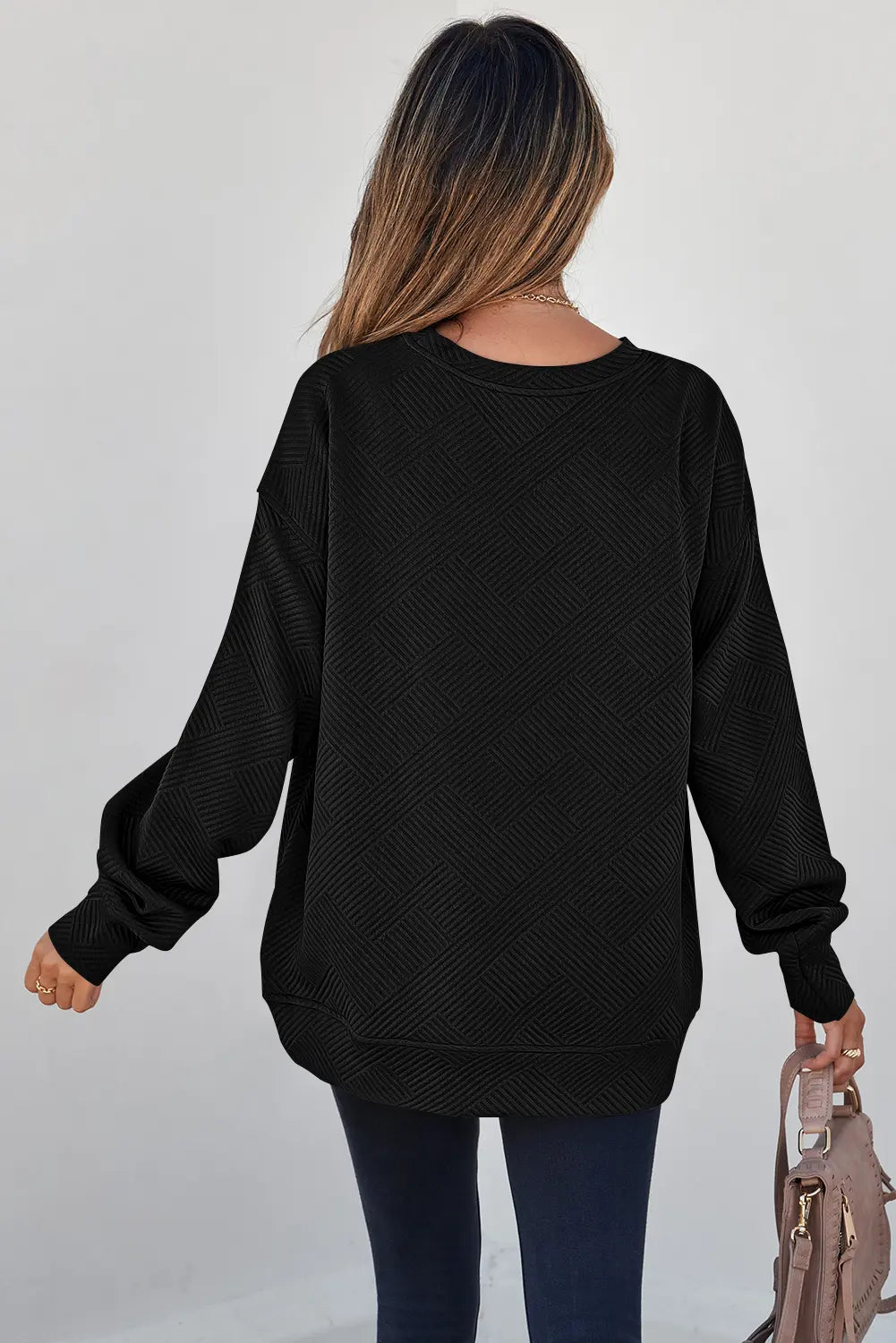 Jungle Solid Colour Textured Round Neck Drop Shoulder Pullover Sweatshirt – Green
