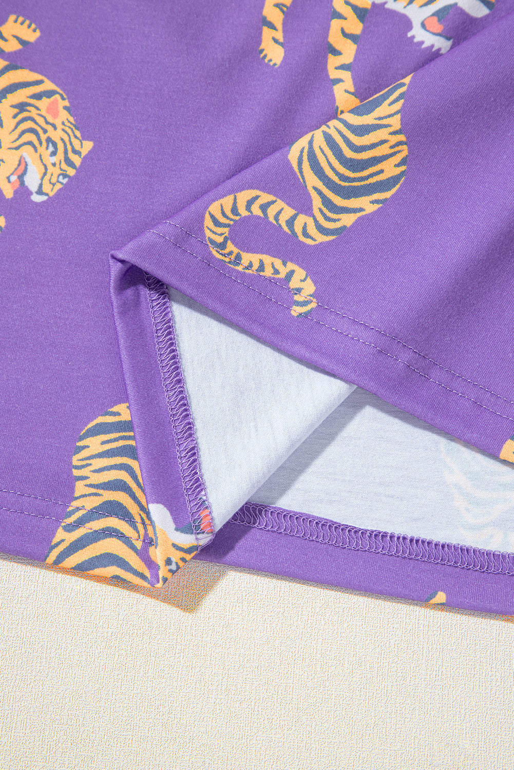 Purple Allover Tiger Printed Patch Pocket Loose T Shirt eAura