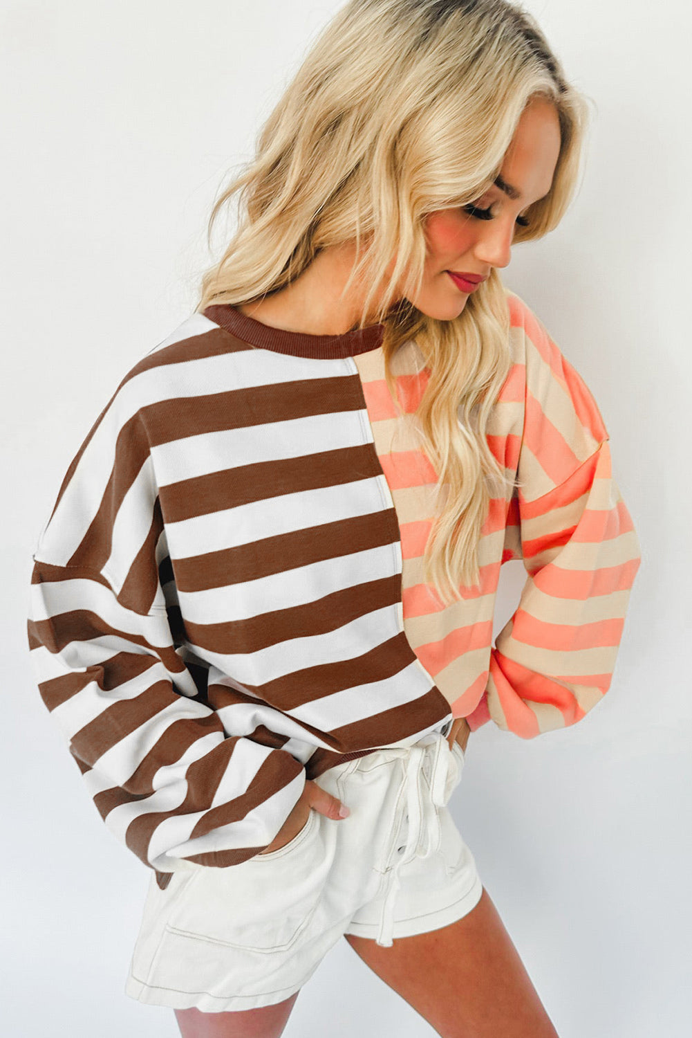 Brown Stripe Colour Block Drop Shoulder Pullover Sweatshirt eAura