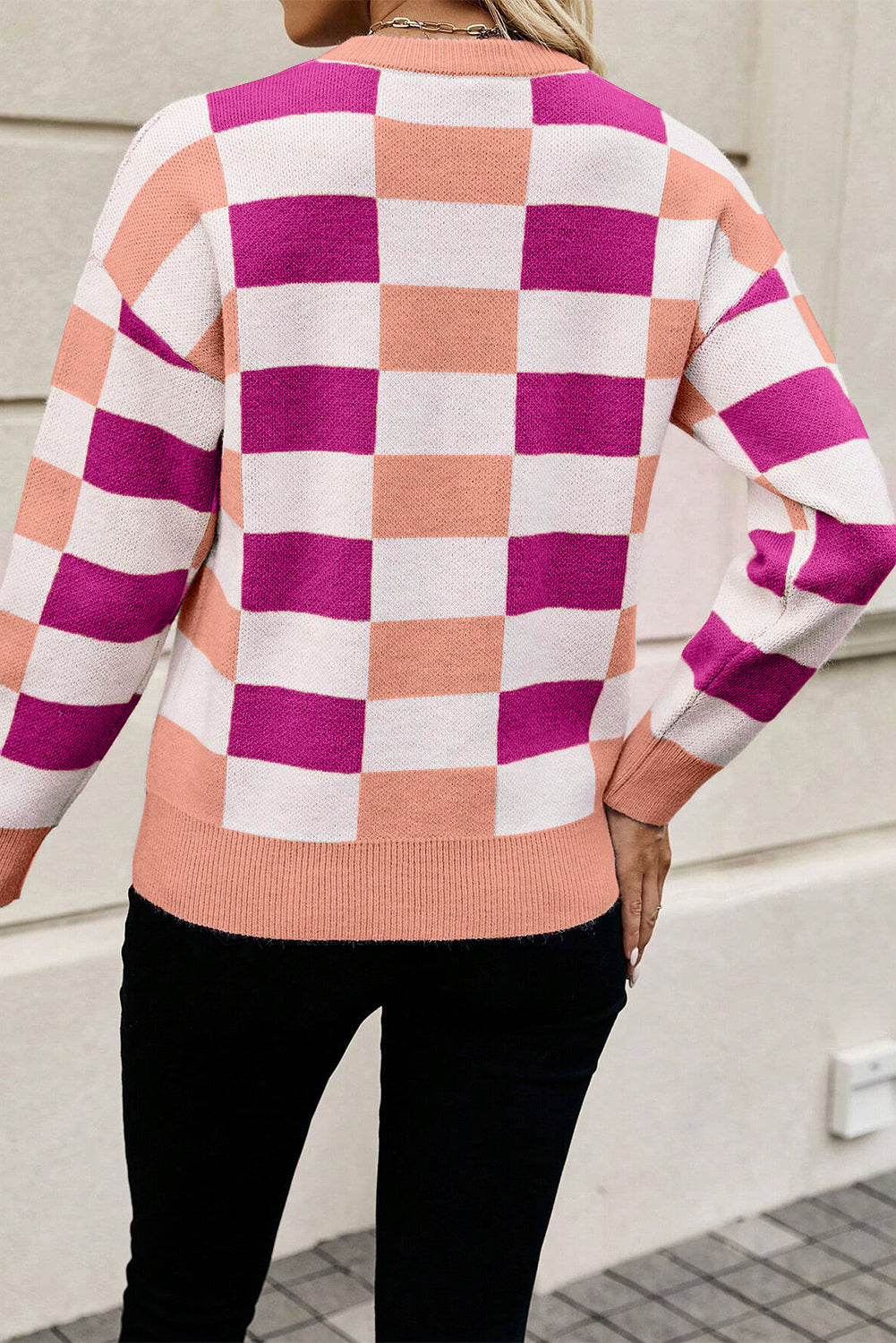 Khaki Checkered Ribbed Edge O Neck Drop Shoulder Sweater eAura