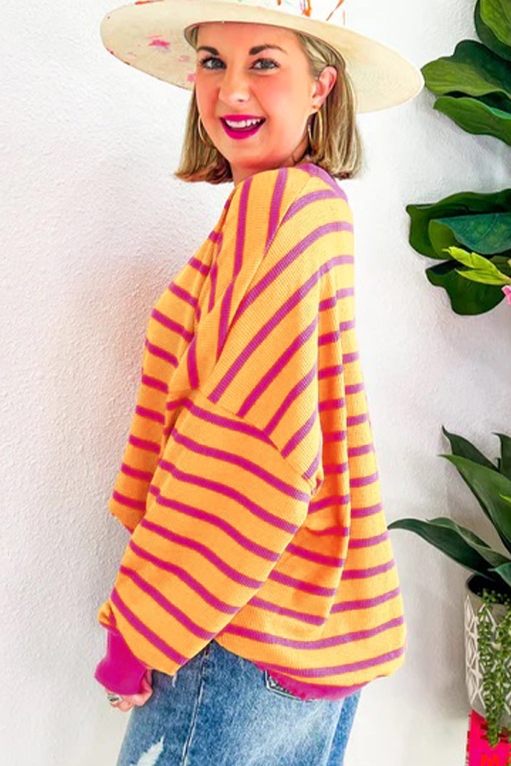 Orange Stripe Trimmed Round Neck Drop Shoulder Loose Sweater eAura