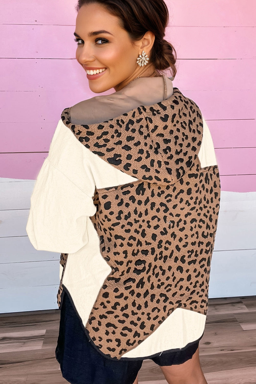 Brown Leopard Hooded Contrast Open Front Jacket eAura