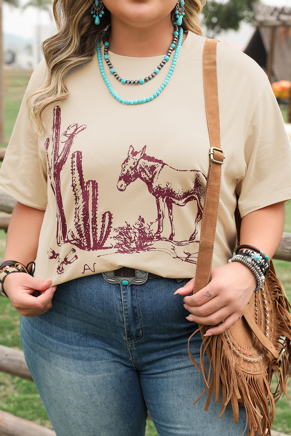 Parchment Western Burro Cactus Crew Neck Graphic Tee BB Fashion Outlet