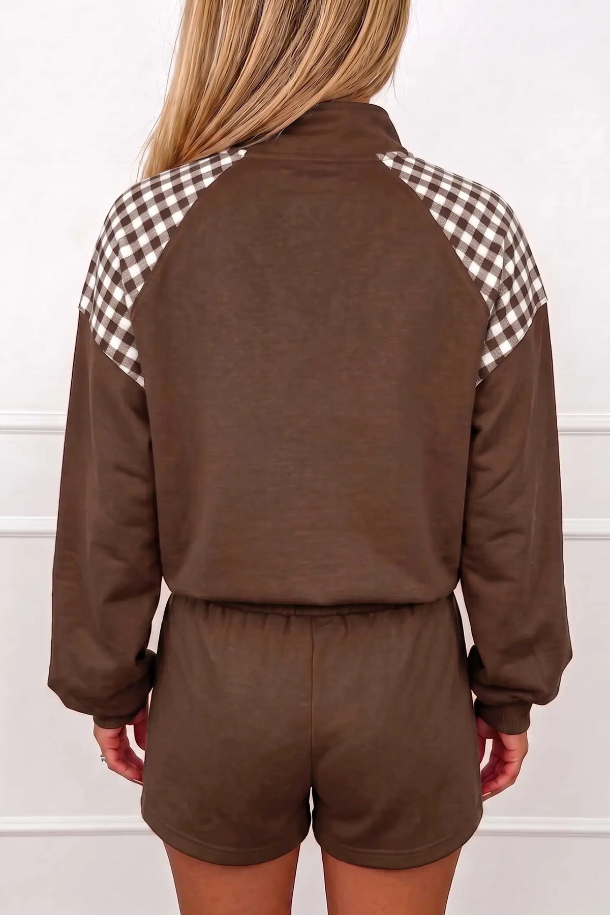 Coffee Plaid Patchwork Half Zip Pullover Drawstring Short Set