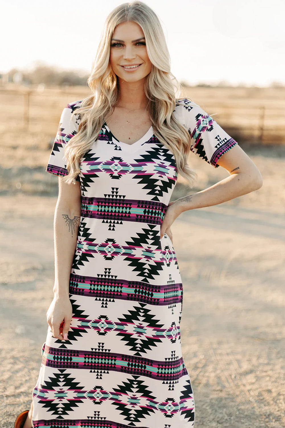 Beige Western Aztec Printed Long T-shirt Dress eAura