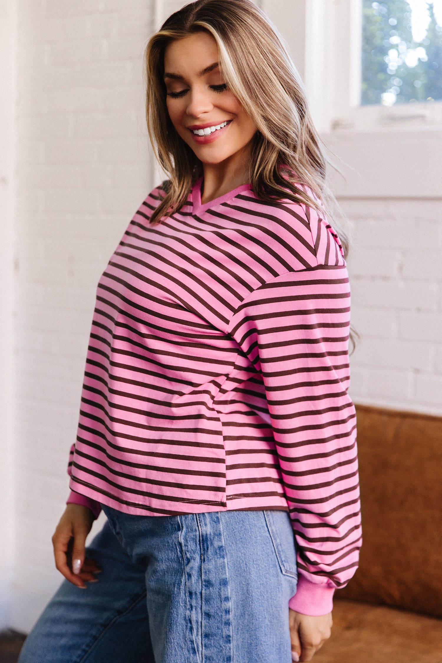 V Neck Drop Shoulder Long Sleeve Top – Pink Stripe