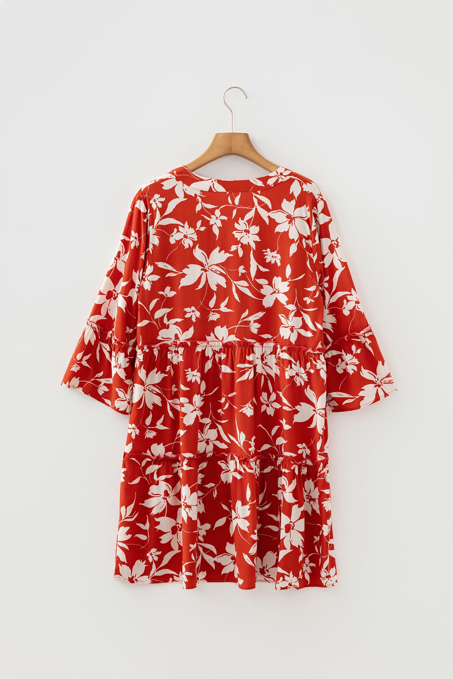 Boho Floral Print Lettuce Trim 3/4 Sleeve Mini Dress