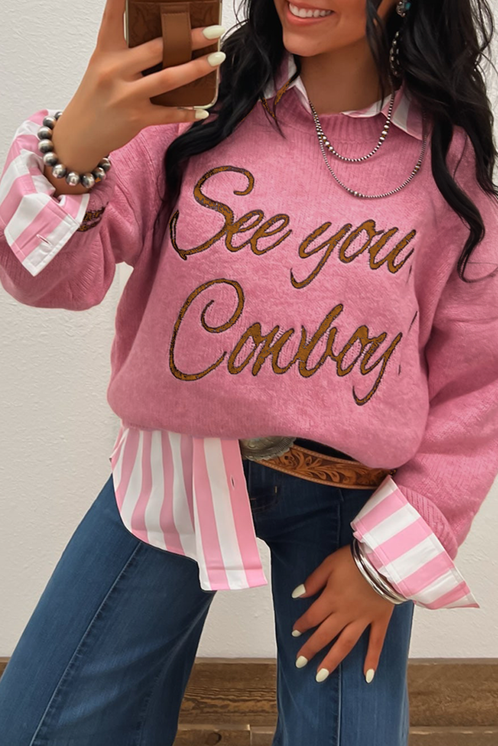 White See You Cowboy Embroidered Western Graphic Sweater eAura