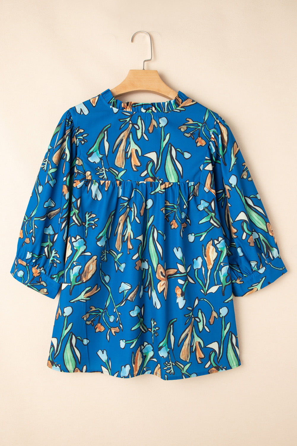Blue Floral Notched V Neck Half Sleeve Plus Size Blouse BB Fashion Outlet