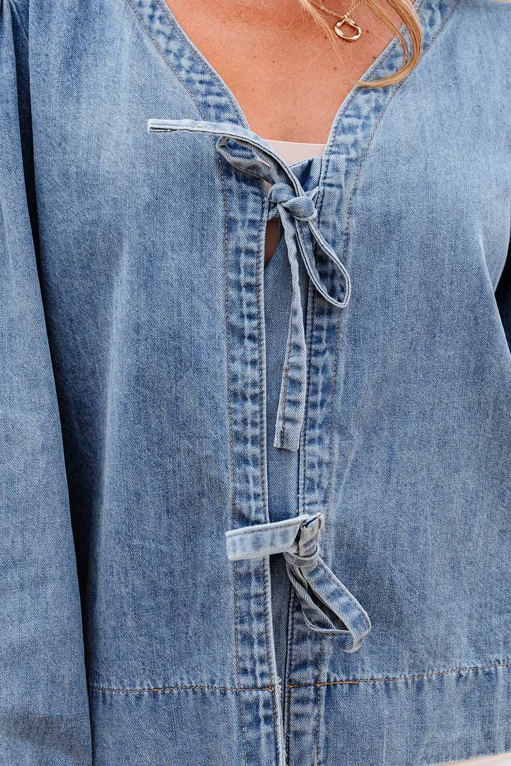 Tied Front Long Puff Sleeve Denim Top - eAura