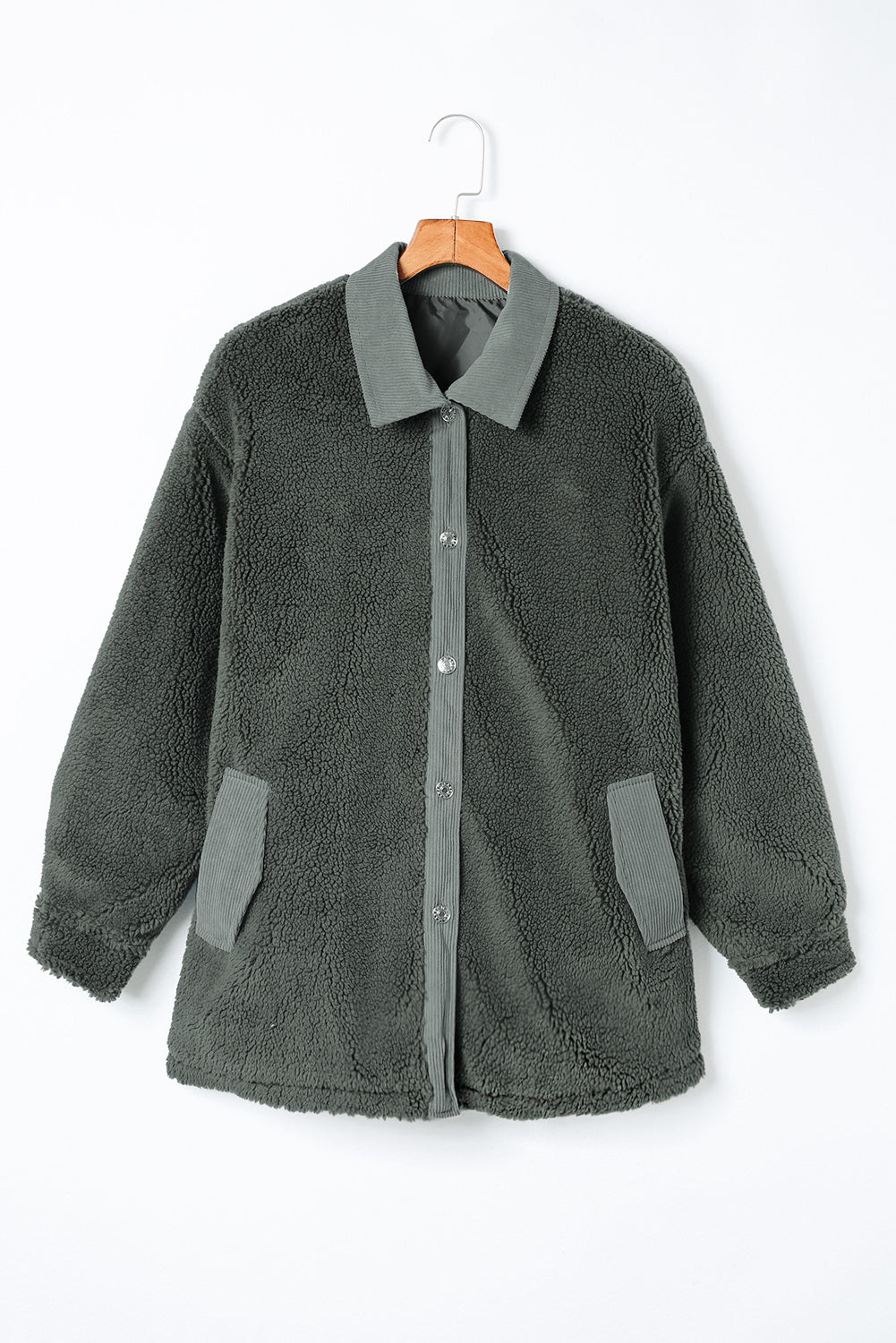 Grey Corduroy Trim Elbow Patch Sherpa Jacket Beagle Boutique Fashion Outlet