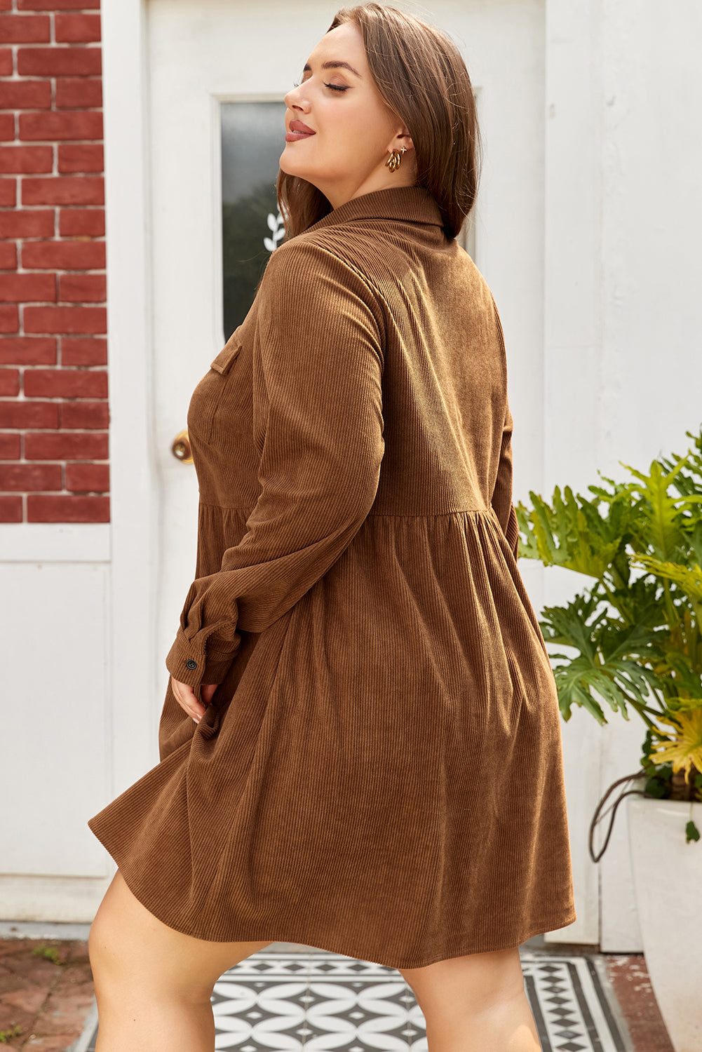 Soft Corduroy Full Buttoned Collared Shirt Dress Plus Size - eAura