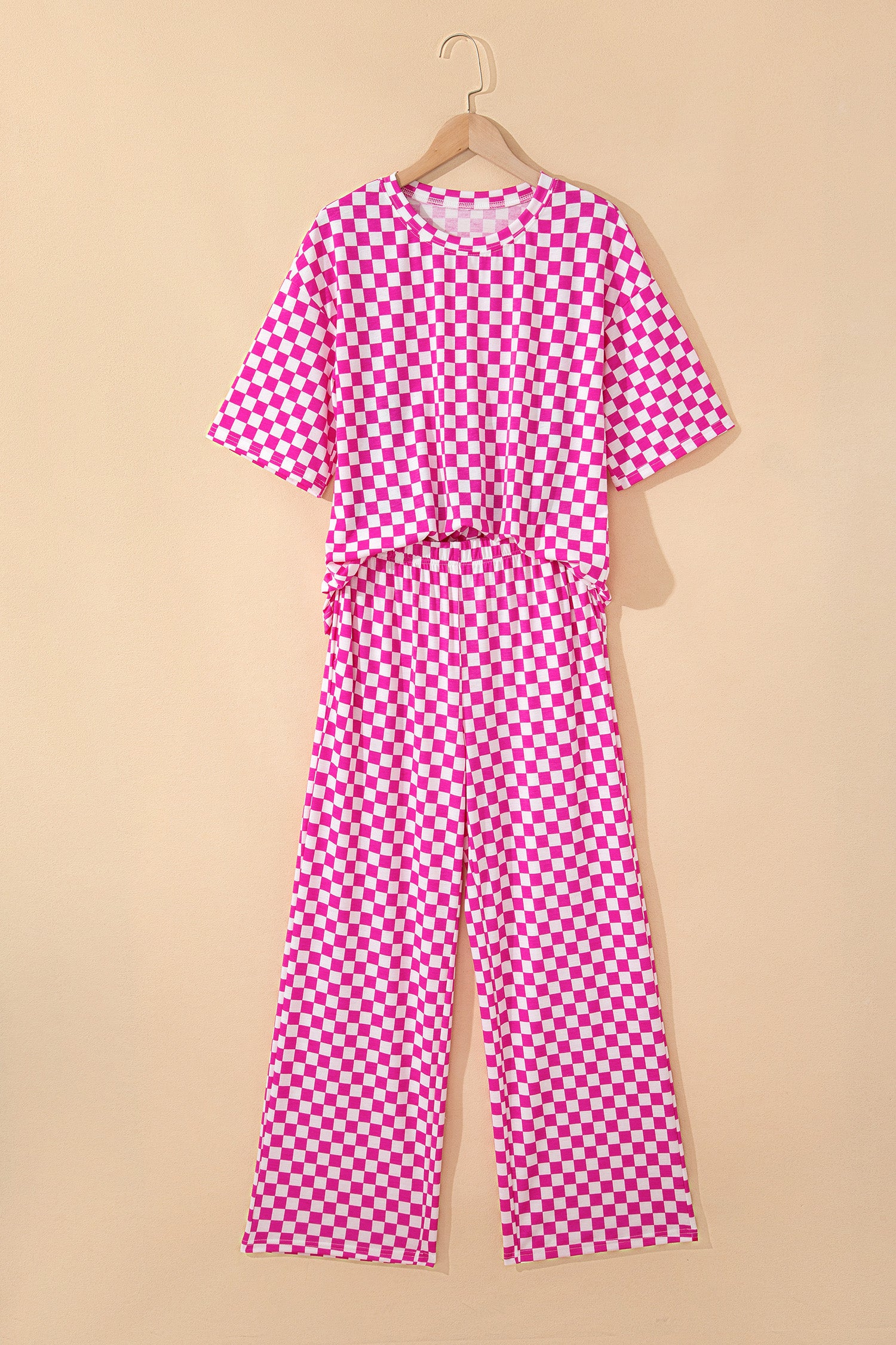 Checkered Print Half Sleeve Tee 2pcs Lounge Pant Set – Rose