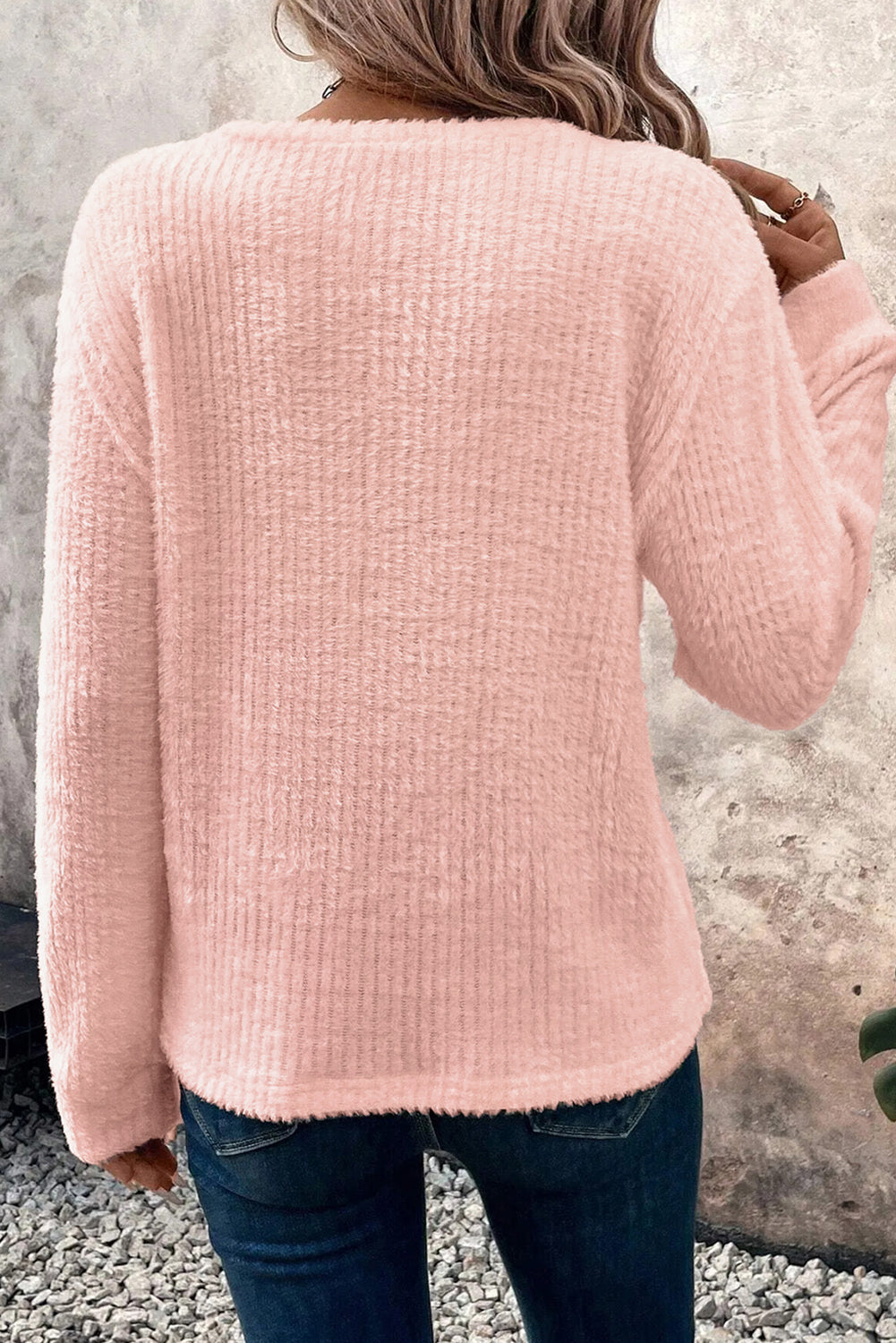 Fuzzy Ribbed Texture Round Neck Long Sleeve Top - eAura