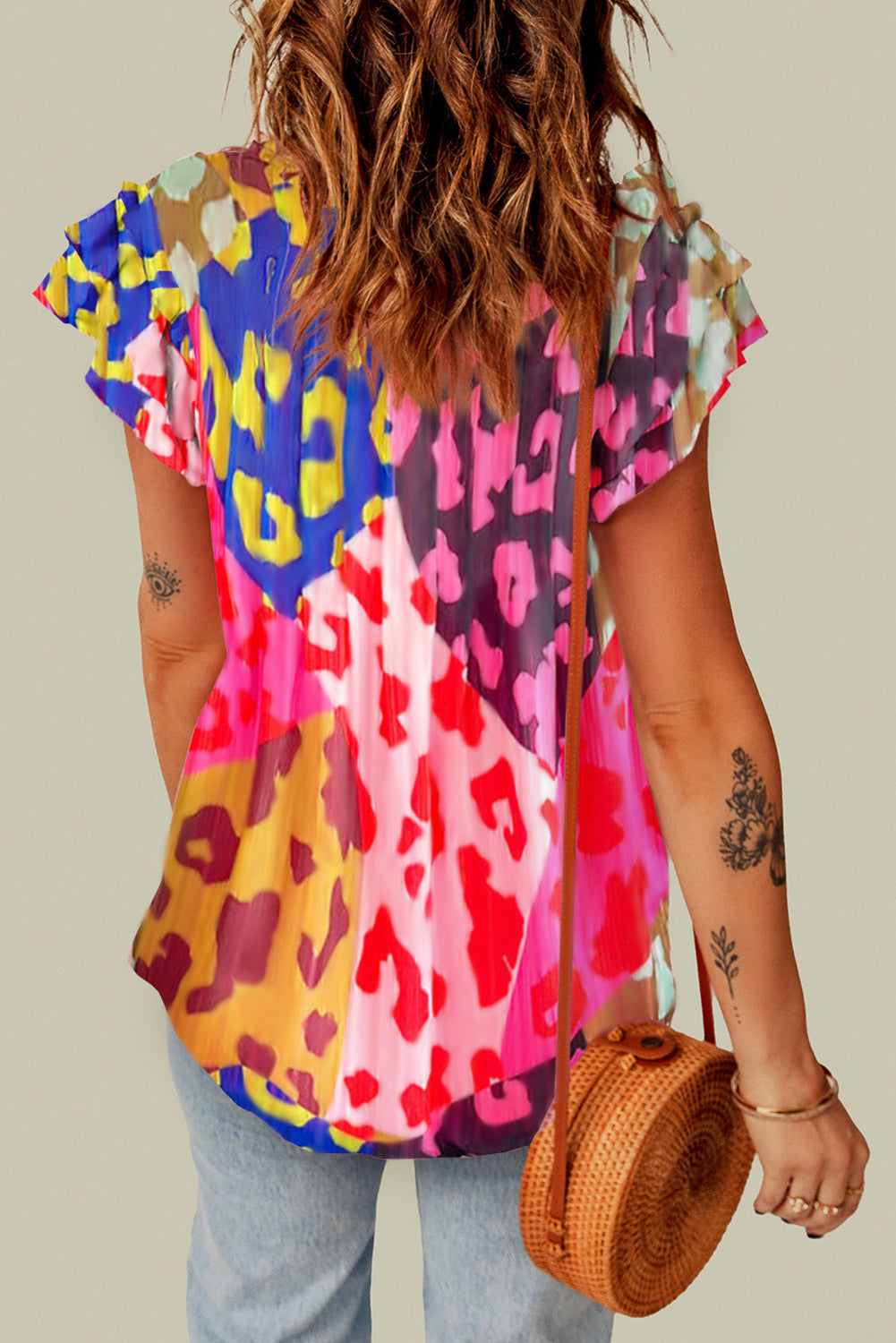 Rose Leopard Flutter Sleeve V Neck Crinkled Blouse eAura