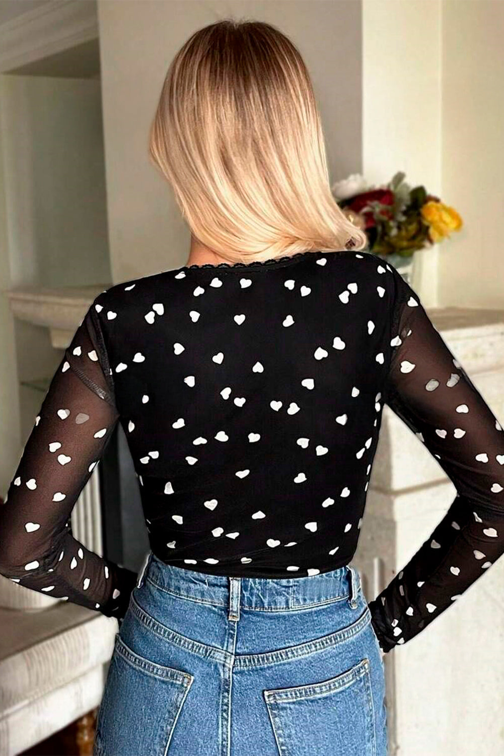 Black Heart Shape Mesh Patchwork Square Neck Bodysuit eAura
