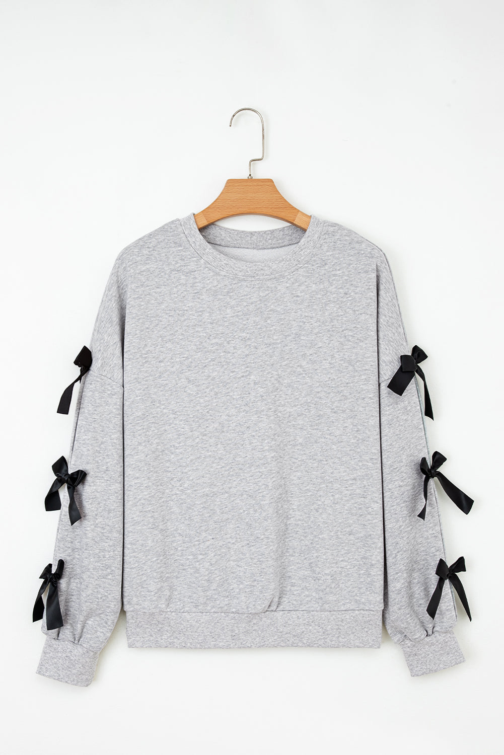 Light Grey Contrast Bow Applique Drop Sleeve Round Neck Sweatshirt eAura