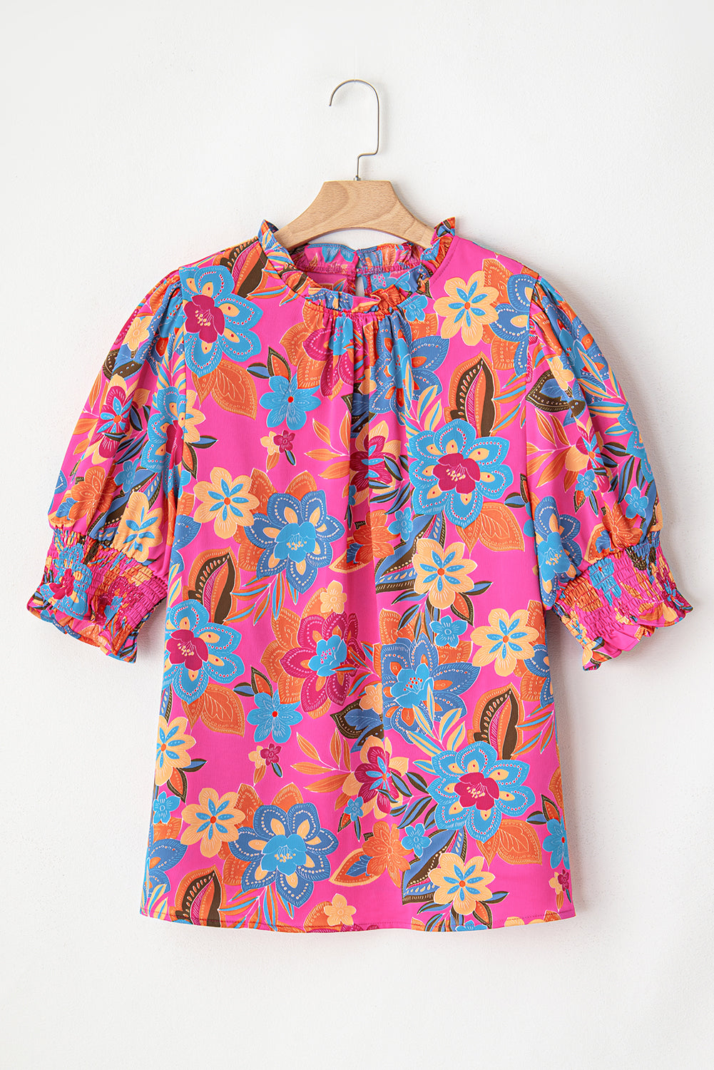 Rose Plus Floral Print Frilly Neck Puff Sleeve Blouse BB Fashion Outlet