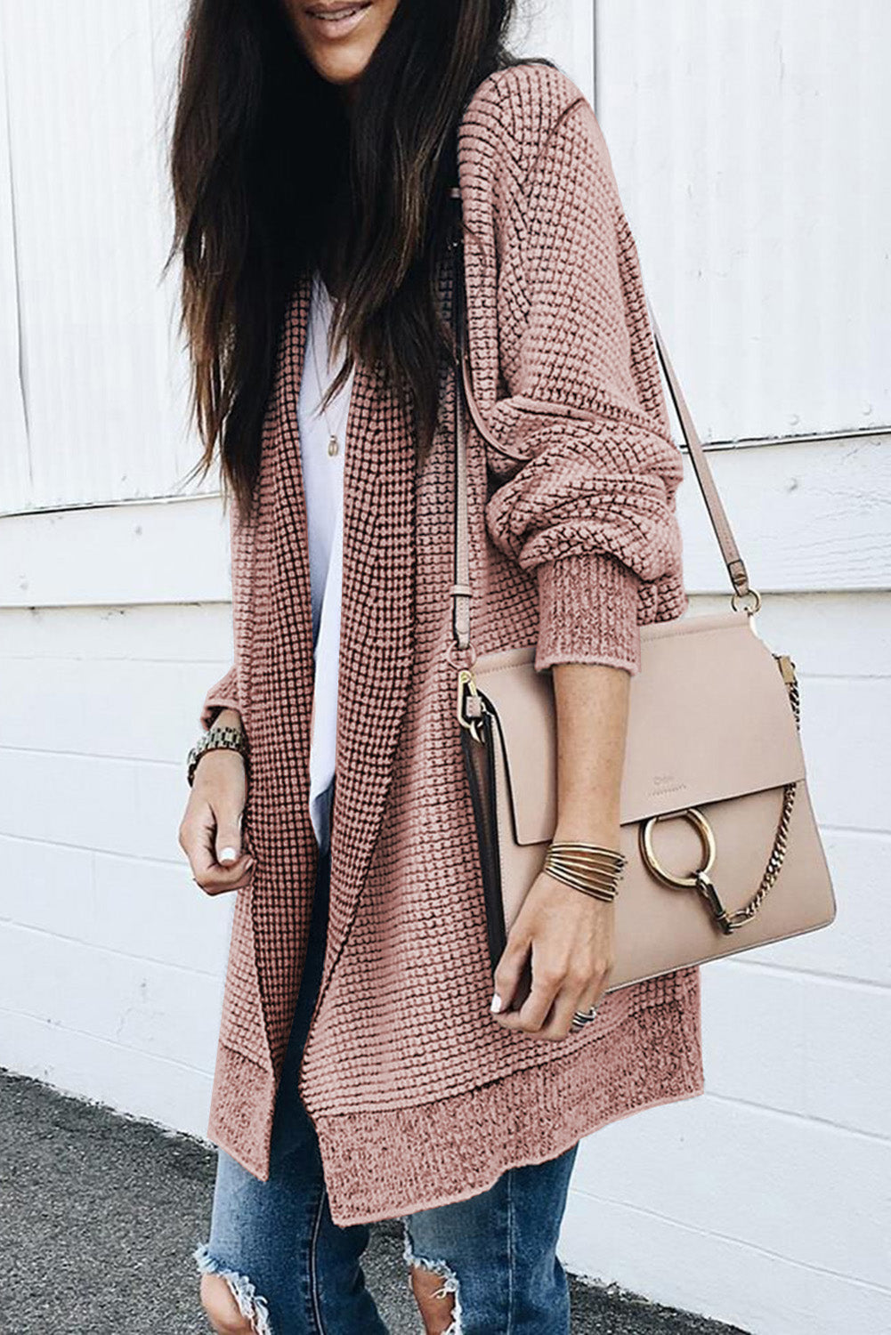 Rose Plaid Knitted Long Open Front Cardigan BB Fashion Outlet