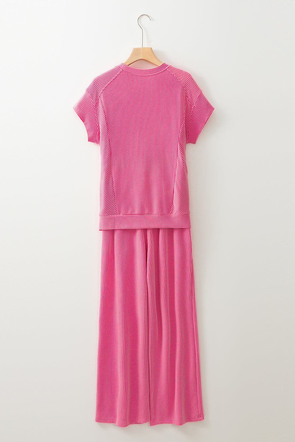 Bright Pink Solid Ribbed Knit Short Sleeve T Shirt and Wide Leg Trousers Set eAura