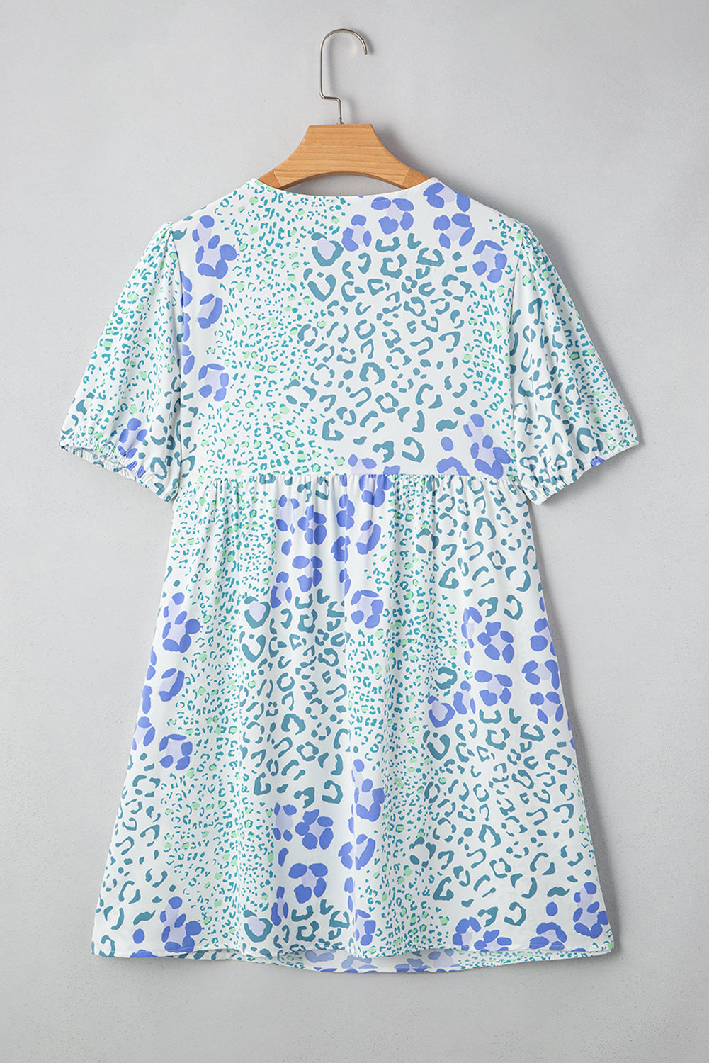 Blue Leopard Contrast Bow Puff Sleeve Mini Dress eAura