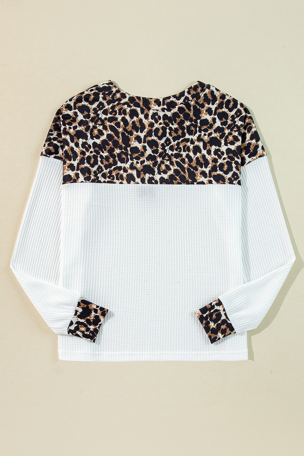 White Leopard Waffle Knit Patchwork Button V Neck Top - eAura