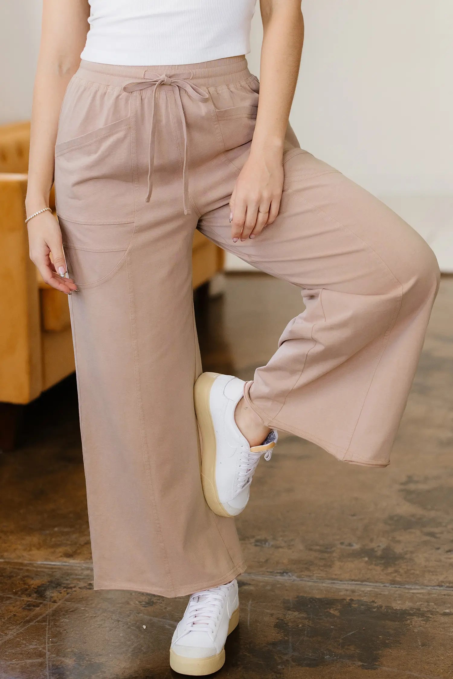 Smoke Gray Solid Color Mineral Wash Piping Trim Pocketed Wide Leg Pants