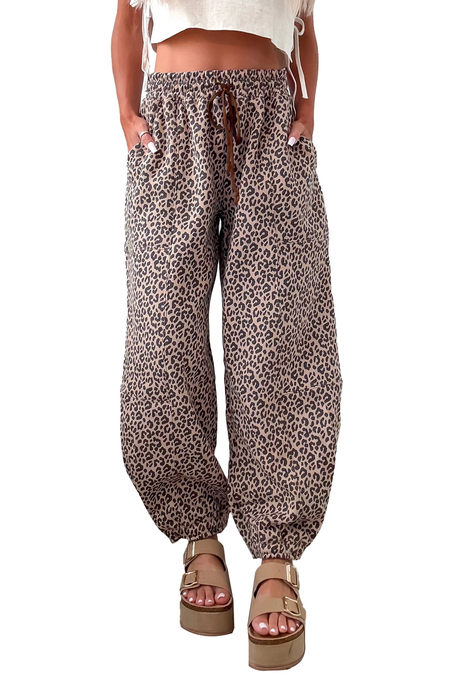 Leopard Print Elastic Waist Ankle Length Pants – Khaki