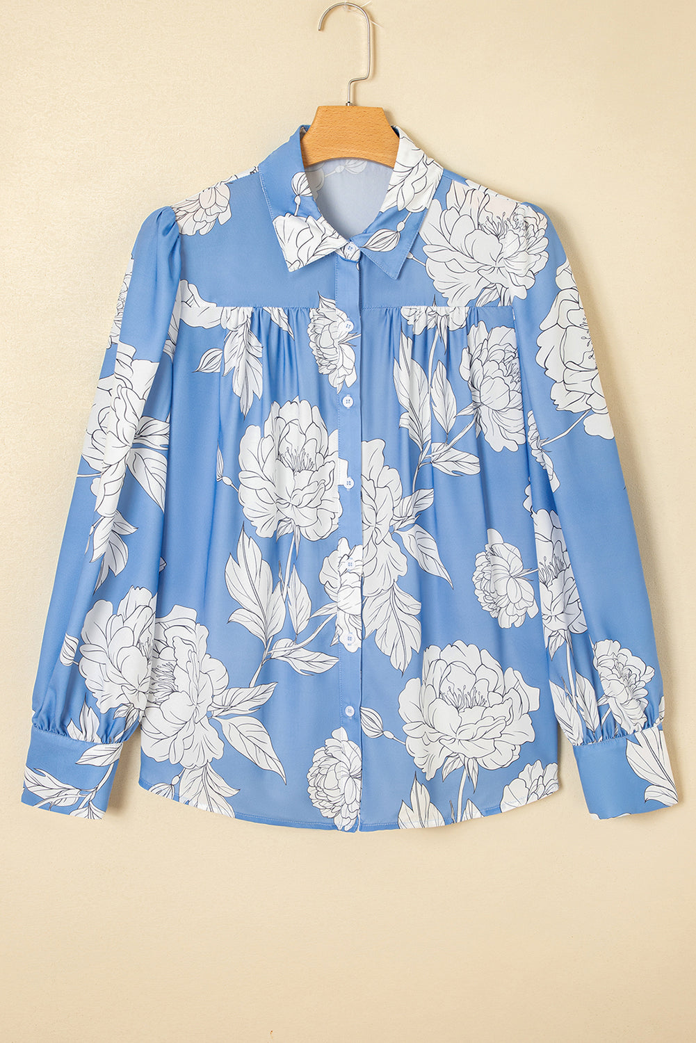 Floral Print Button Up Pleated Detail Puff Sleeve Shirt - eAura