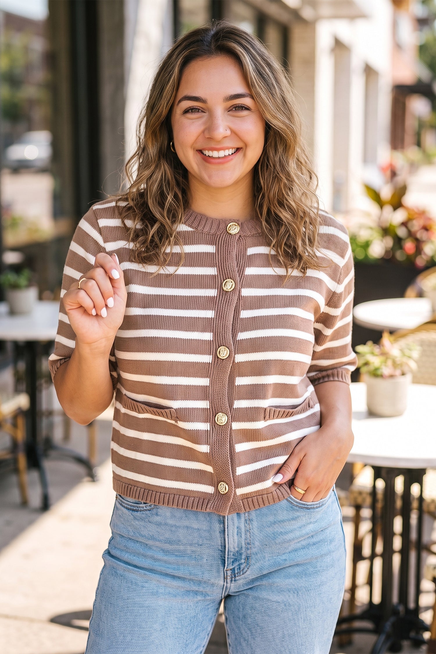Button Down Short Sleeve Knit Plus Size Cardigan – Khaki Stripe