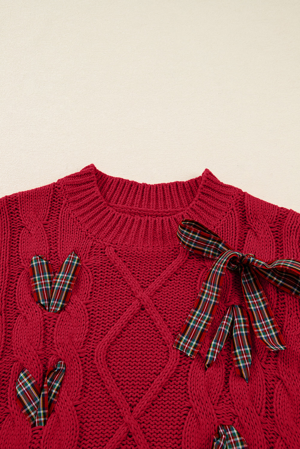 Plaid Lace up Detail Christmas Holiday Puff Short Sleeve Sweater - eAura