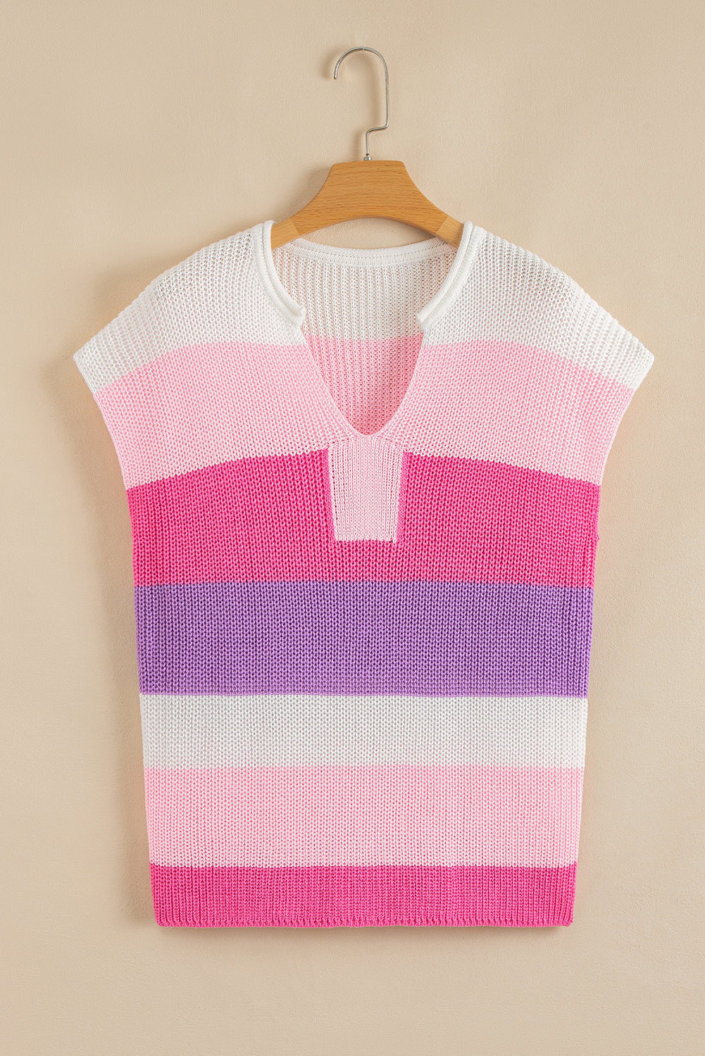 Pink Color Block Notch V Neck Sweater T Shirt eAura