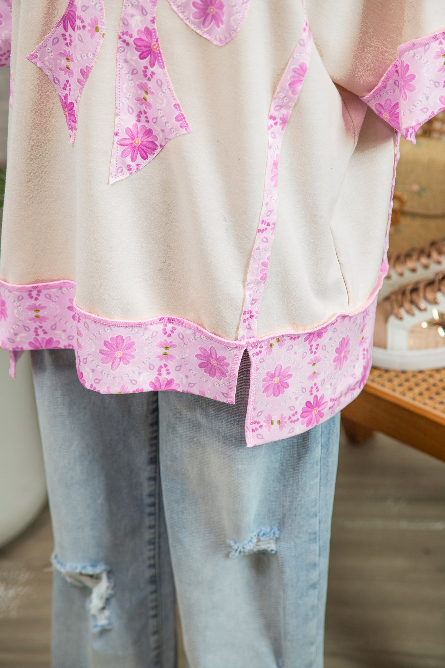 Daisy Floral Bow Contrast Patchwork Loose T Shirt – Apricot