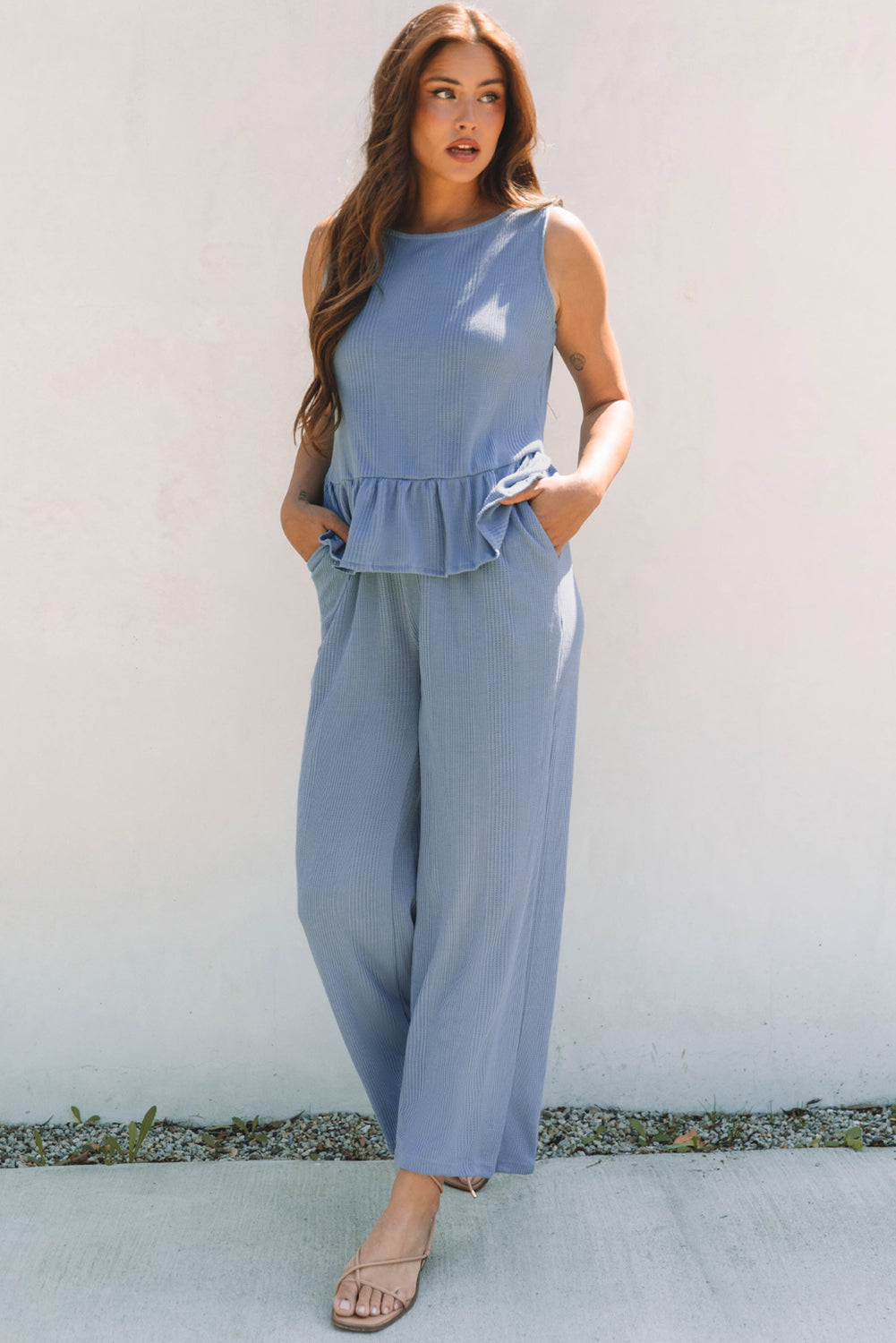 Beau Blue Ribbed Ruffle Tank Top and Trousers Set eAura