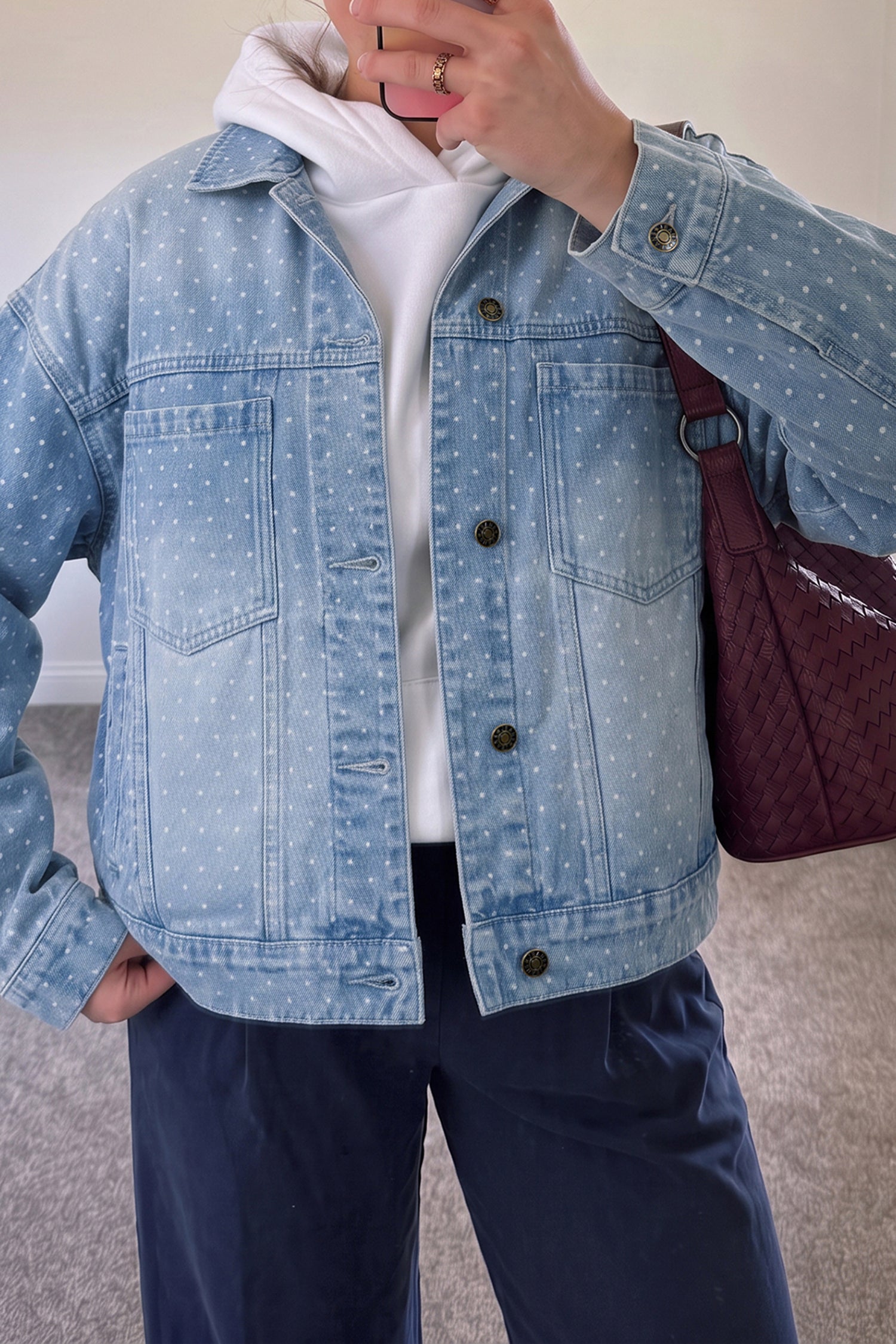 Sky Blue Polka Dot Long Sleeve Collar Pocket Casual Shift Silhouette Denim Jacket – Light Blue