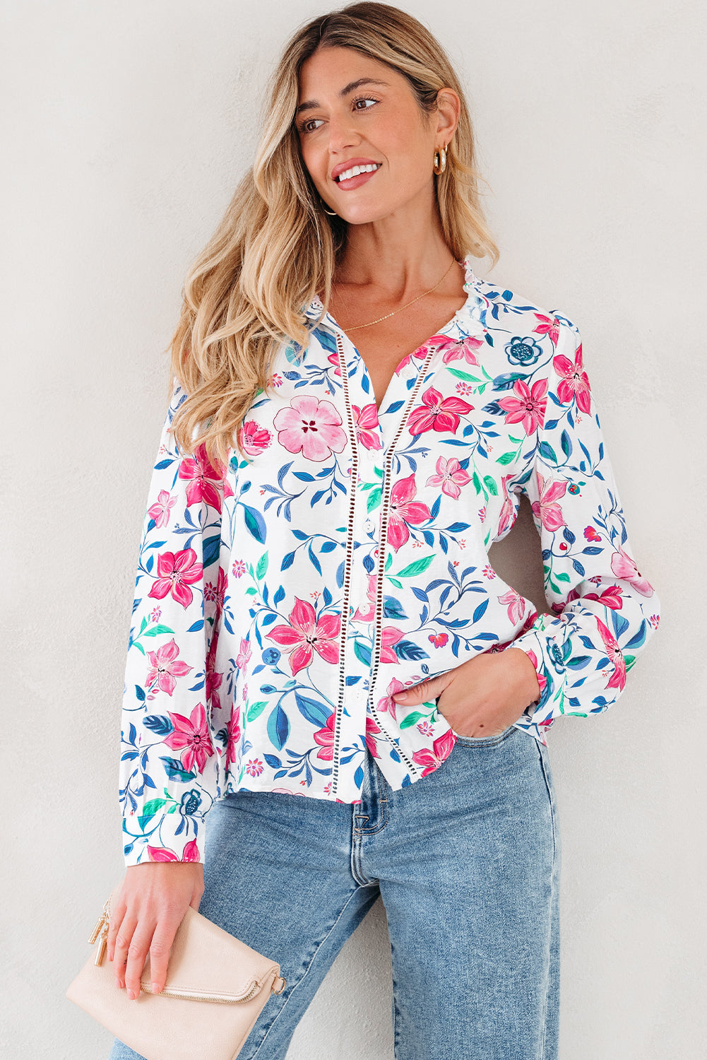 Pink Floral Print Lace Detail Button-up Long Sleeve Shirt - eAura