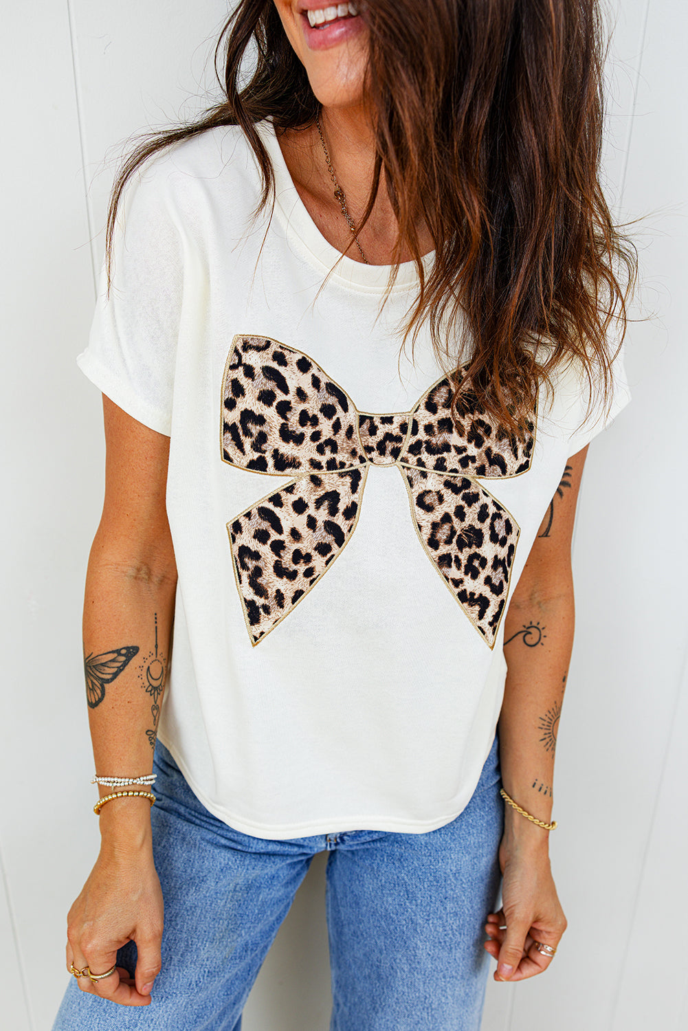 White Leopard Bow Embroidered Cotton Round Neck T-Shirt