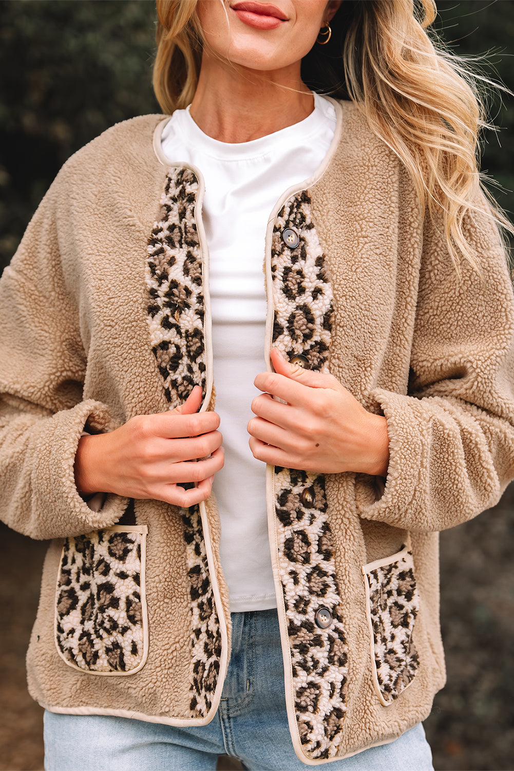 Casual Leopard Print Accent Plush Jacket with Pockets - eAura