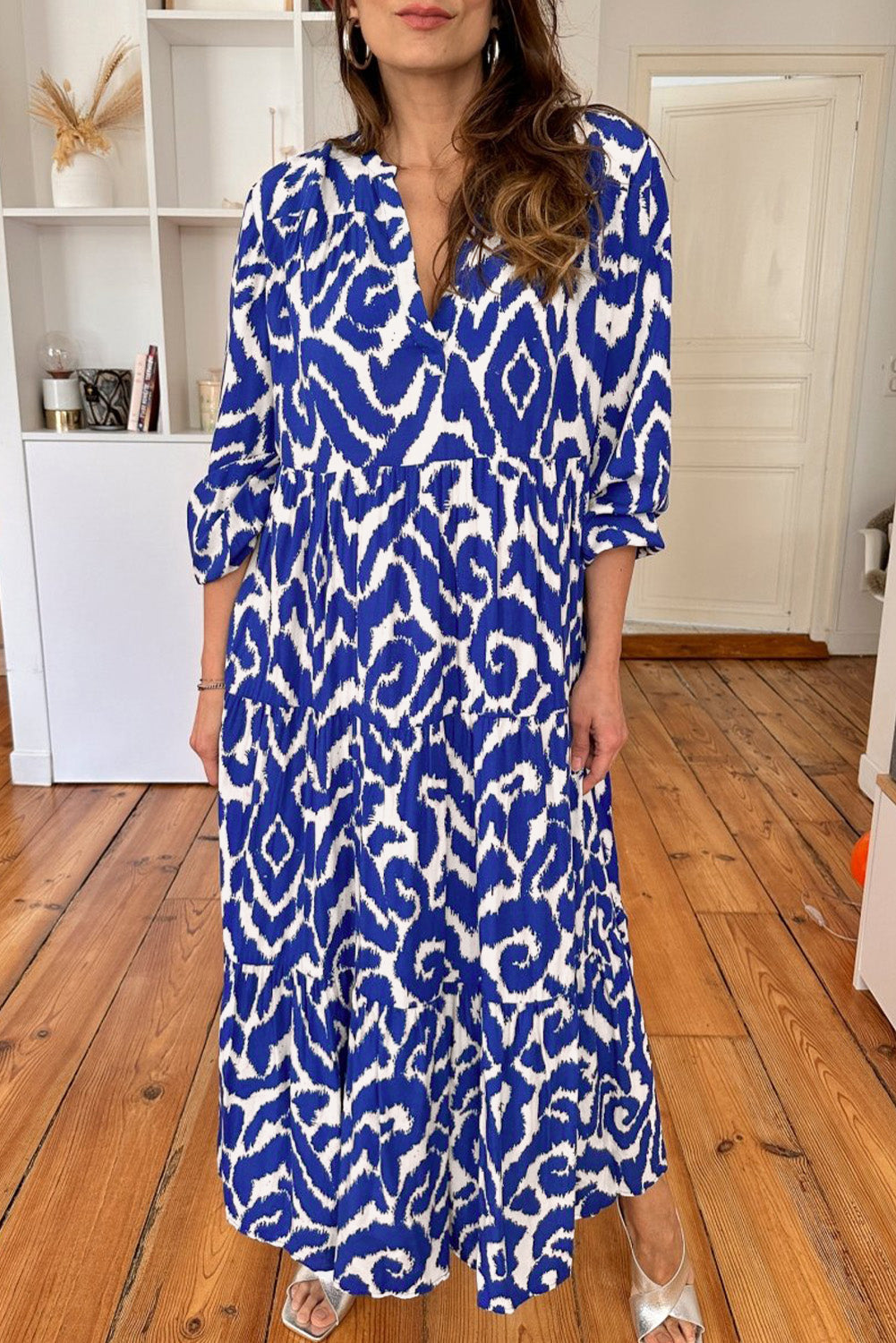 Blue Western Abstract Geometric Printed Maxi Dress Beagle Boutique Fashion Outlet