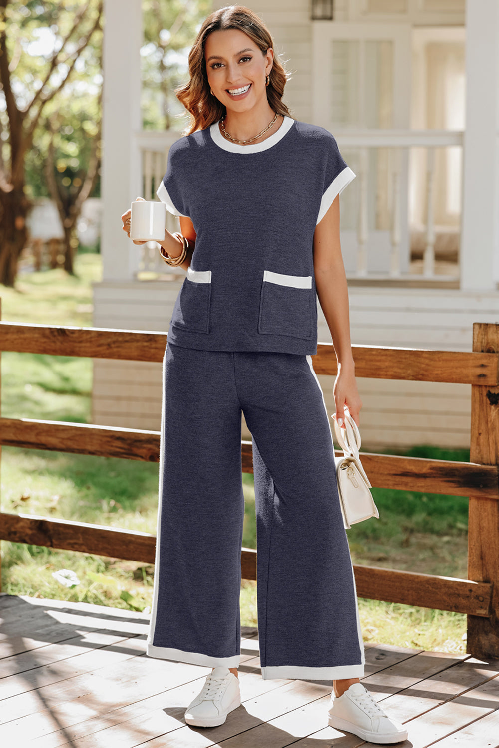 Navy Pocket T Shirt and Wide Leg Trousers Set Co-ord eAura