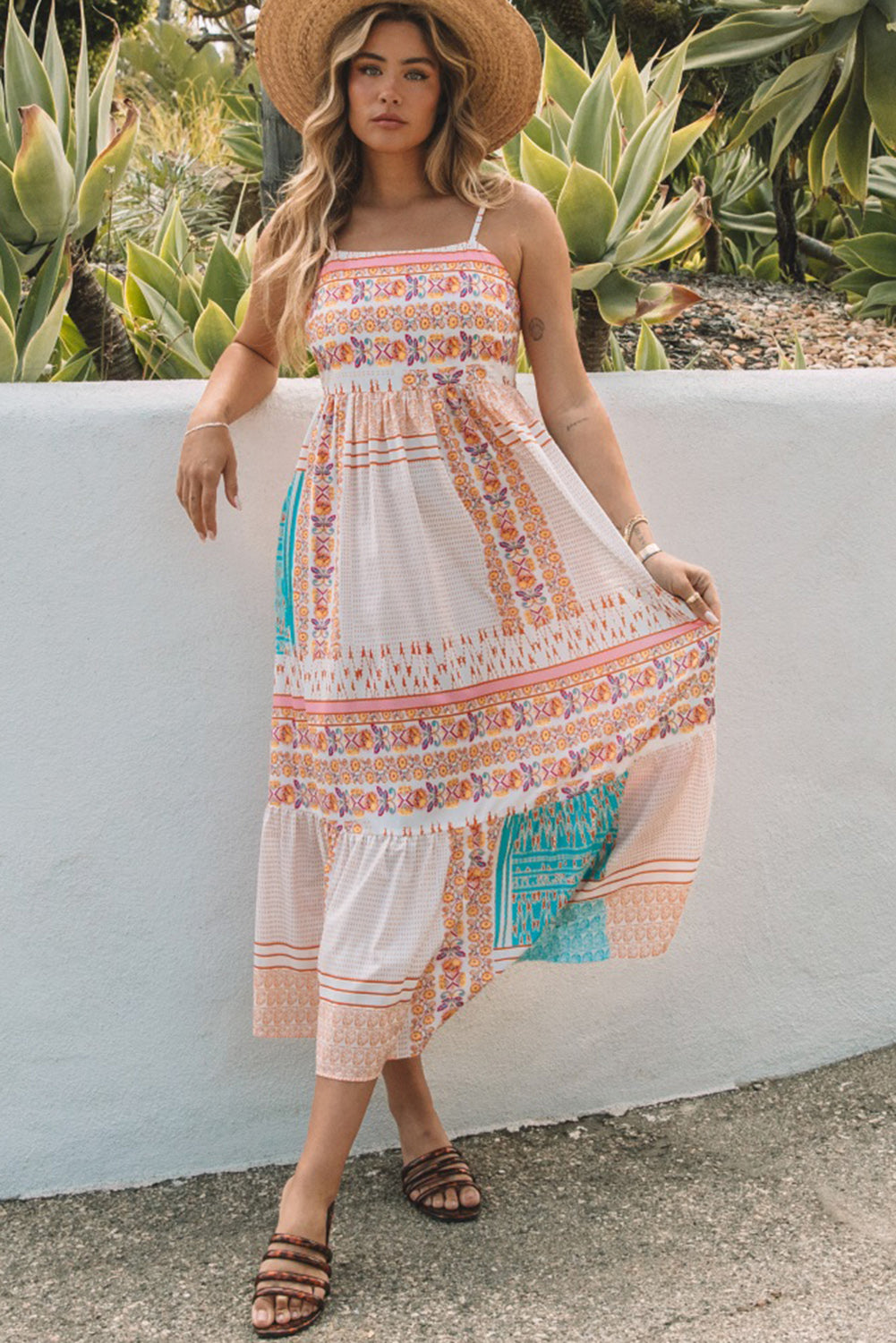 MultiColour Boho Patchwork Print Square Neck Maxi Sundress eAura