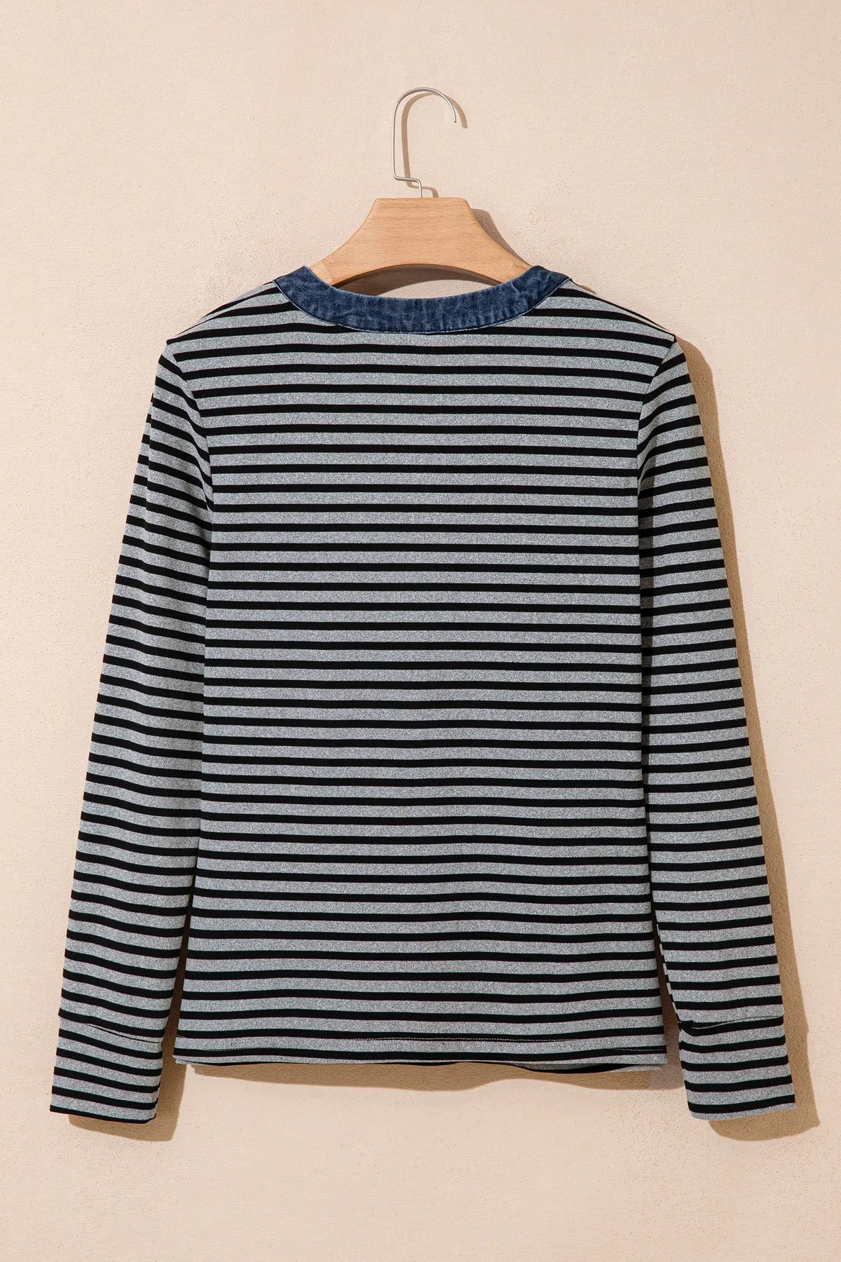 Denim Contrast Collar Half Button Long Sleeve Top – Grey Stripe