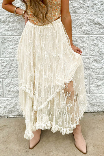 Beige Lace Cascading Tiered High Waist Maxi Skirt BB Fashion Outlet