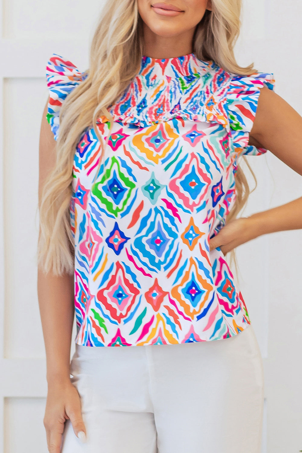 Light Blue Geometric Printed Flutter Sleeve Mock Neck Shirred Blouse eAura