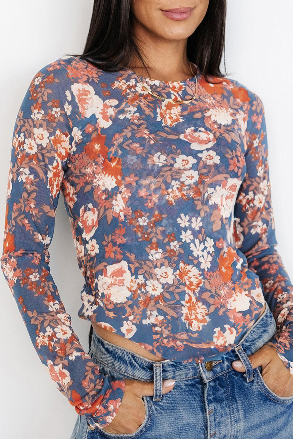 Orchid Petal Floral Print Mesh Fitted Long Sleeve Top eAura