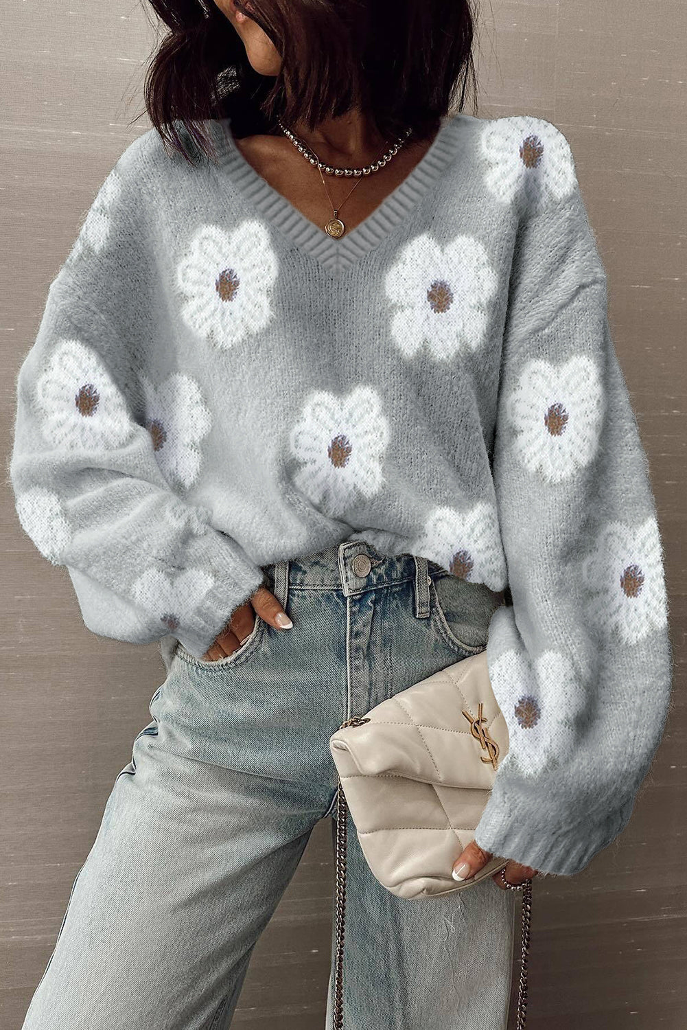 Flower Print V-Neck Drop Shoulder Oversized Sweater - eAura