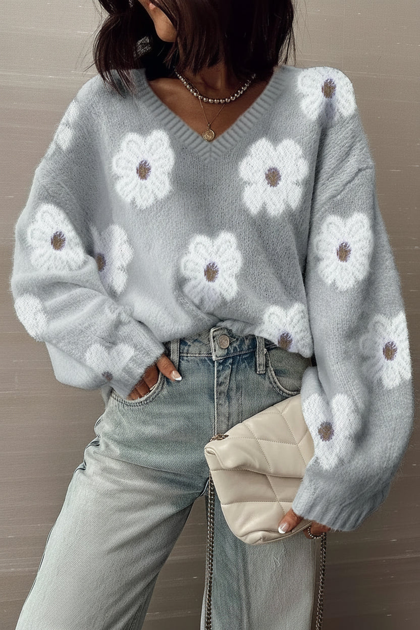 Flower Print V-Neck Drop Shoulder Oversized Sweater - Grey / S - Sweaters & Cardigans/Sweaters