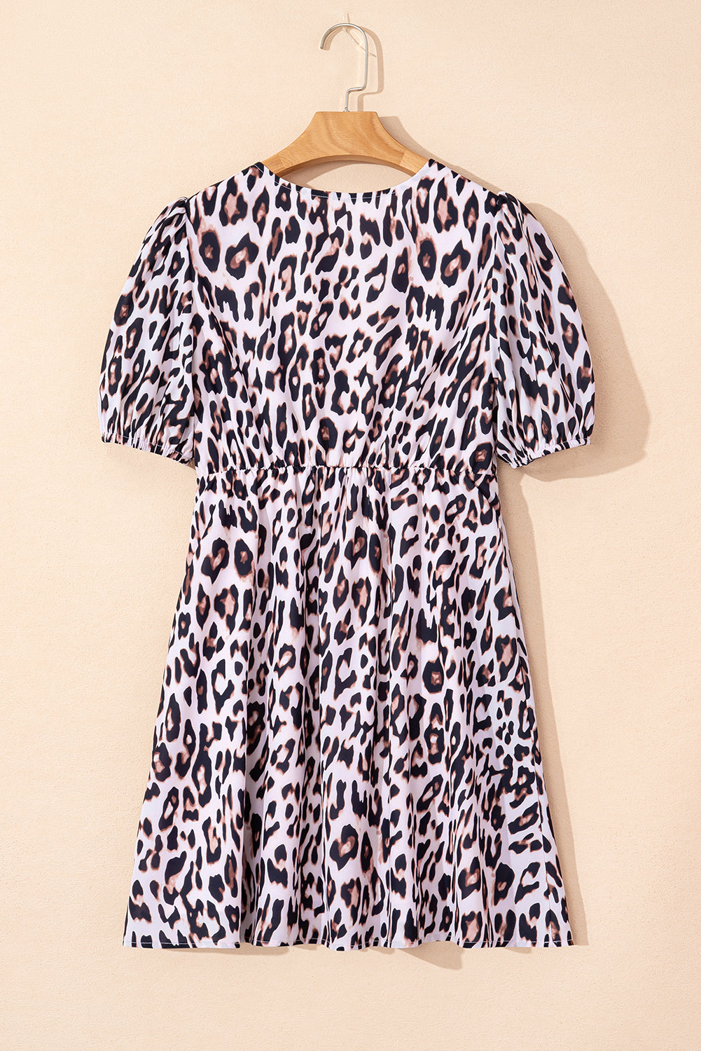 Leopard Print Tied Front Keyhole Puff Short Sleeve Mini Dress eAura